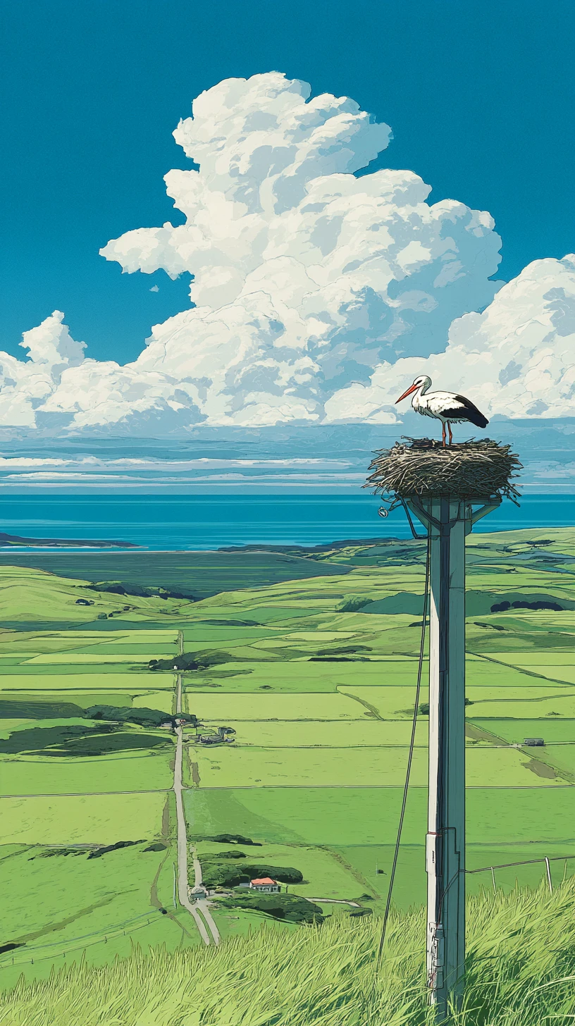 Stork Resting On A Nest Above A Vast Green Field