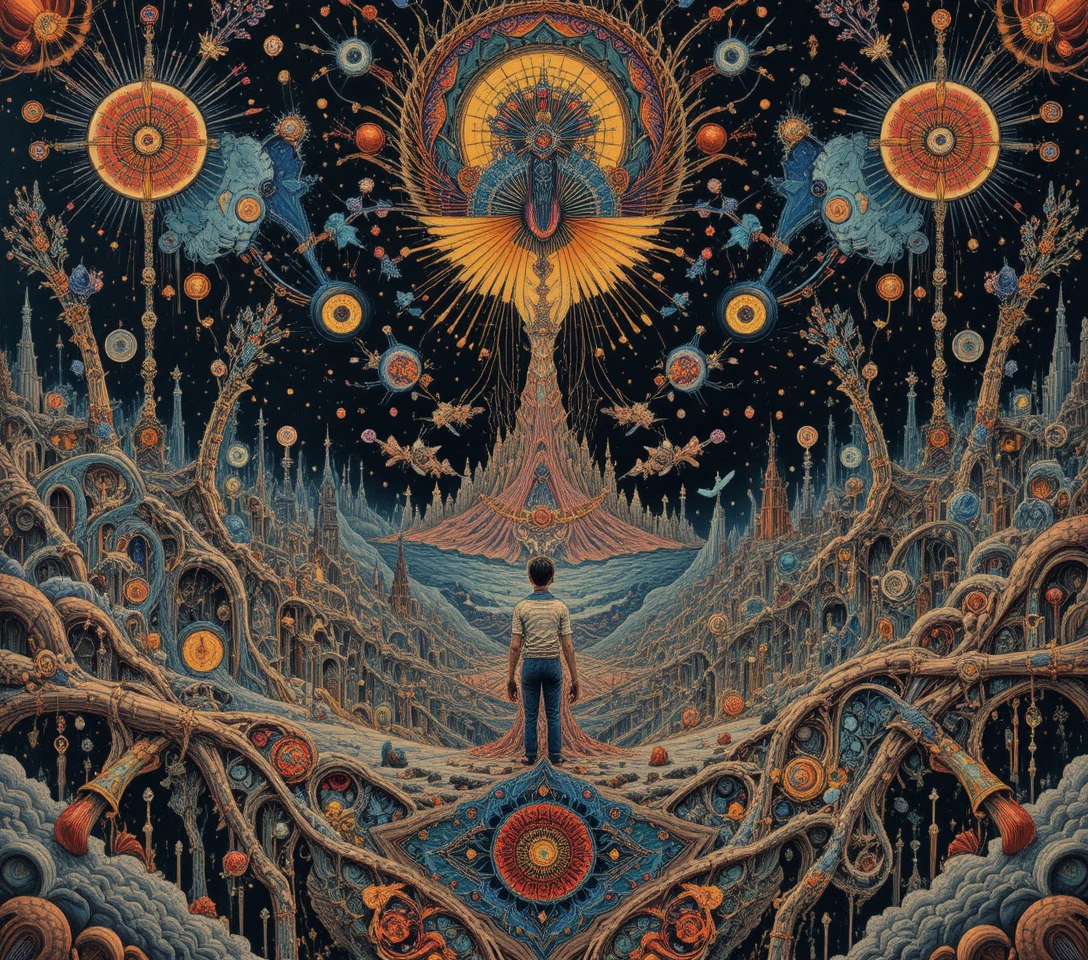Psychedelic symmetrical landscape of dense abstract patterns
