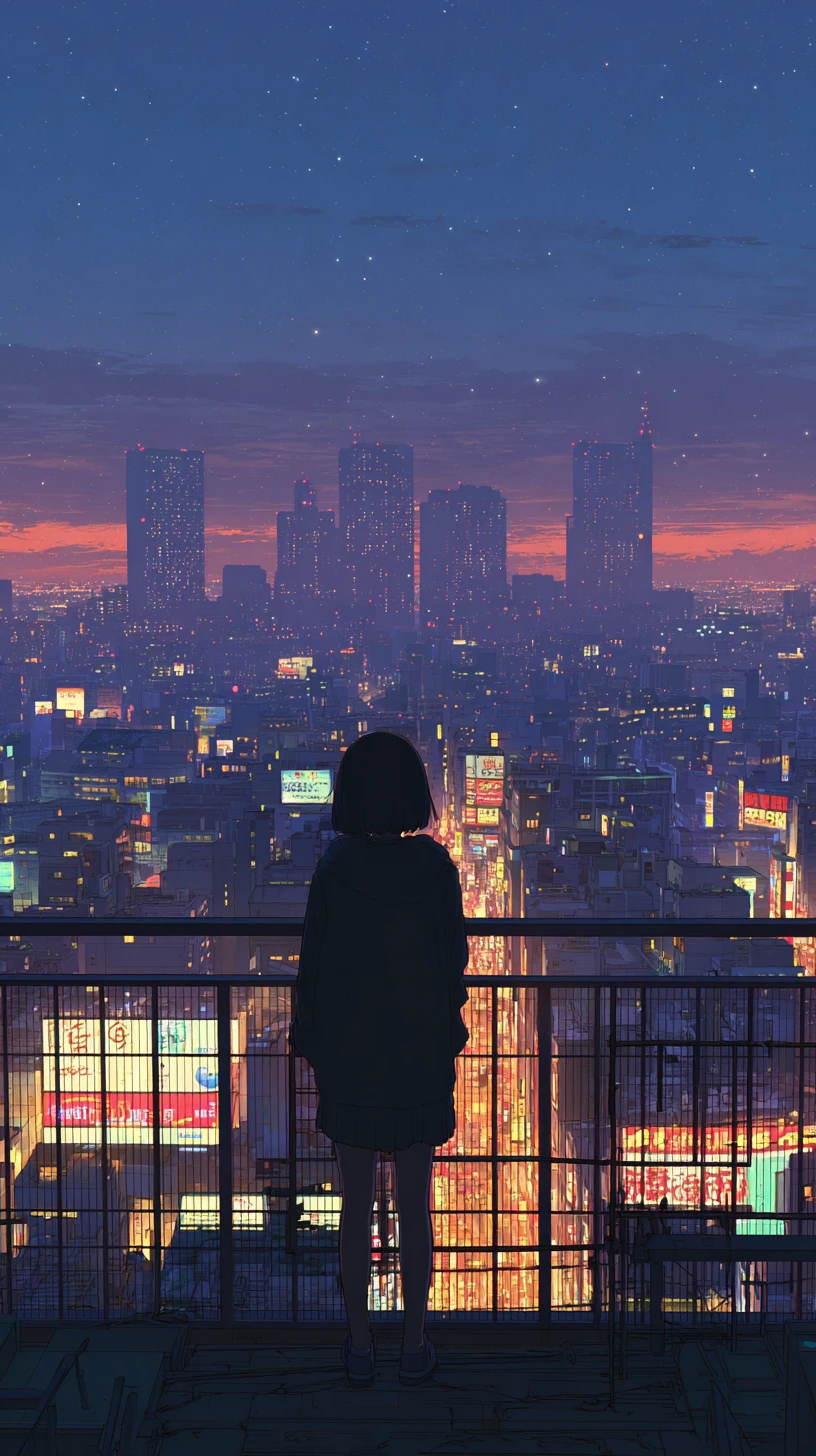 Anime girl on a quiet Tokyo rooftop at twilight