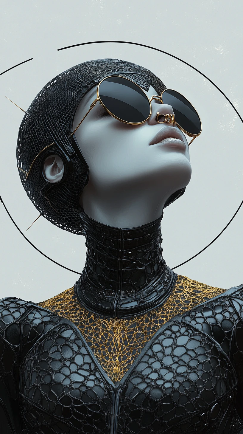 Futuristic armored woman with sunglasses and golden halo