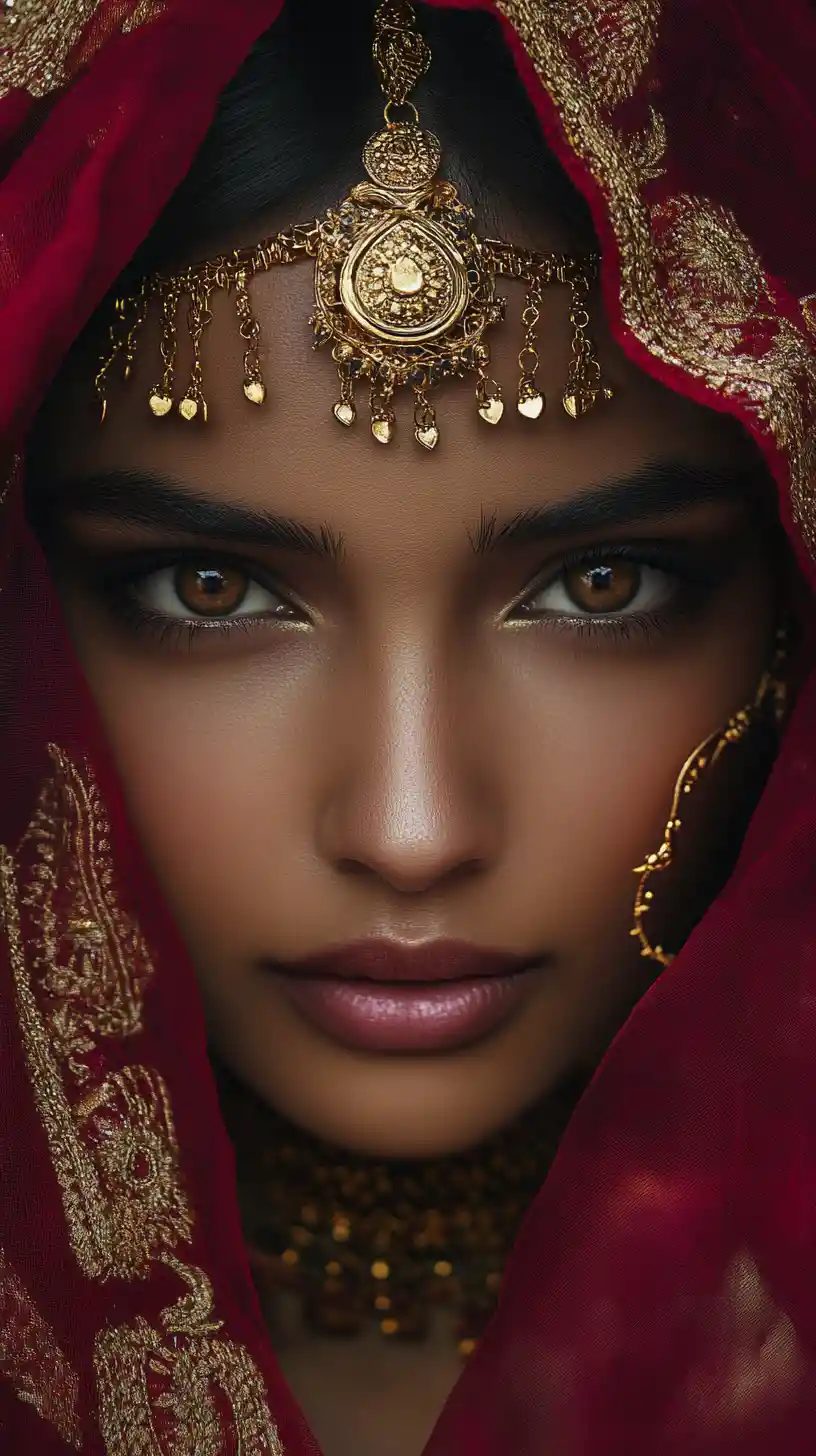 Mysterious Indian Woman Behind Red Veil With Gold Jewelry