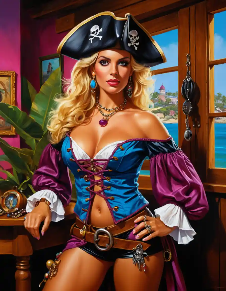 Blonde pirate woman in jeweled costume in dark inn room