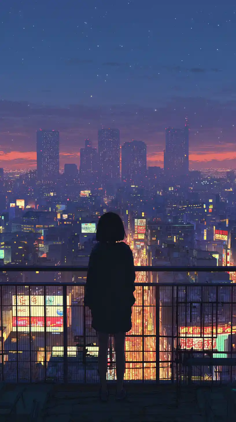 Anime girl on a quiet Tokyo rooftop at twilight