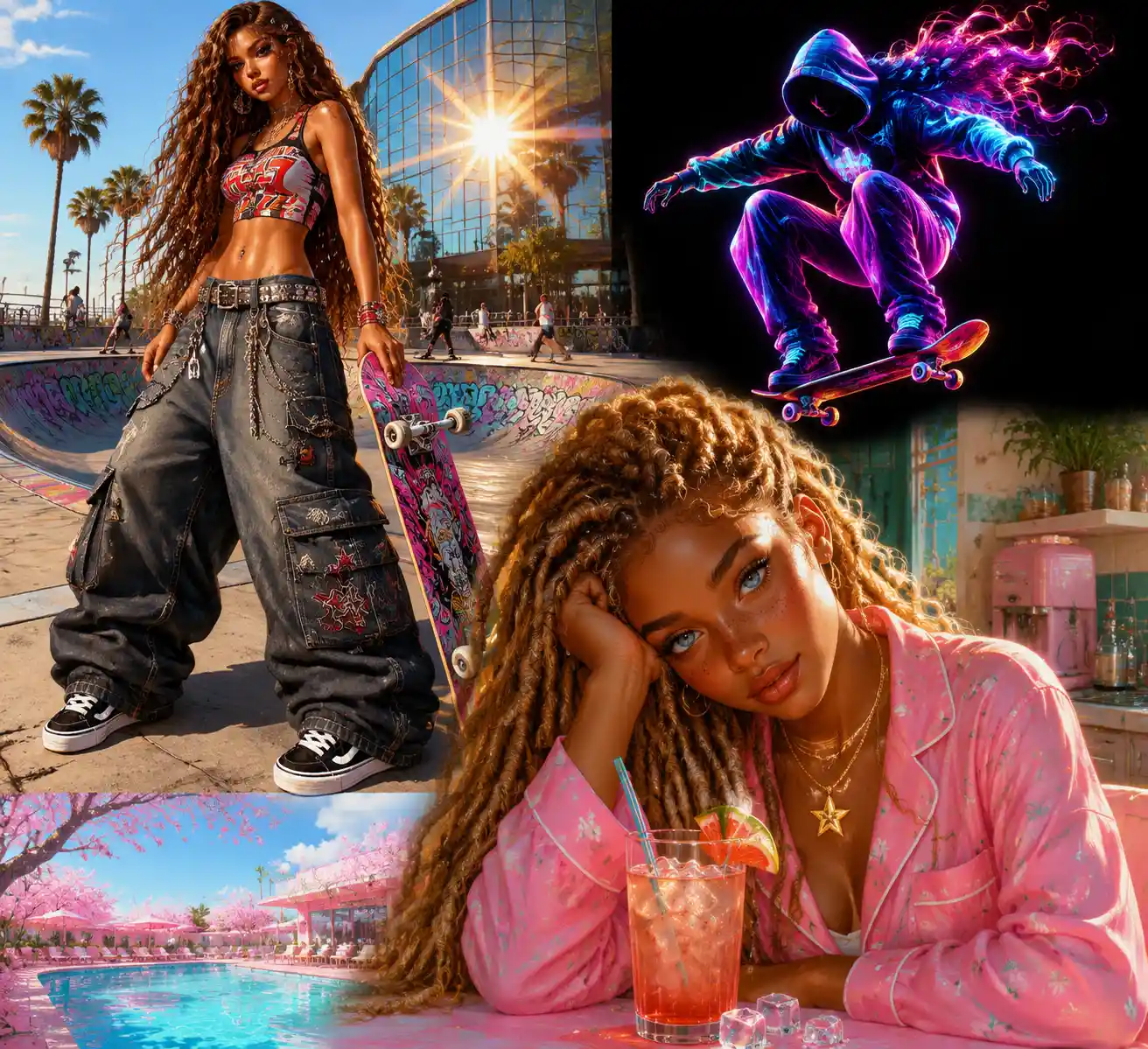 Stylish skater woman at a sunny summer skate park