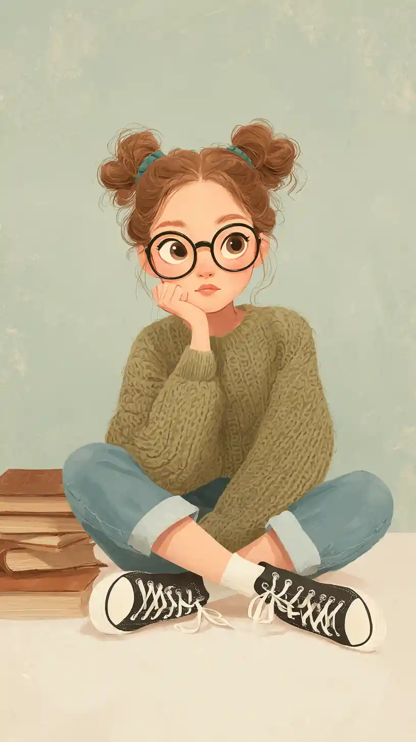 Thoughtful girl in glasses sitting on the floor