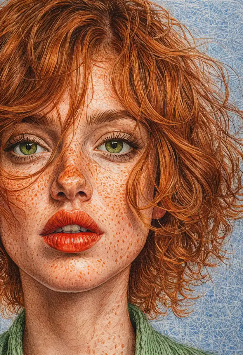 Freckled girl with curly auburn hair pencil portrait