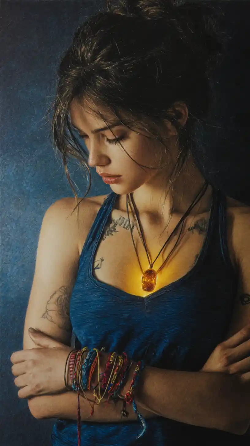 Pensive woman with glowing amber pendant in dramatic light
