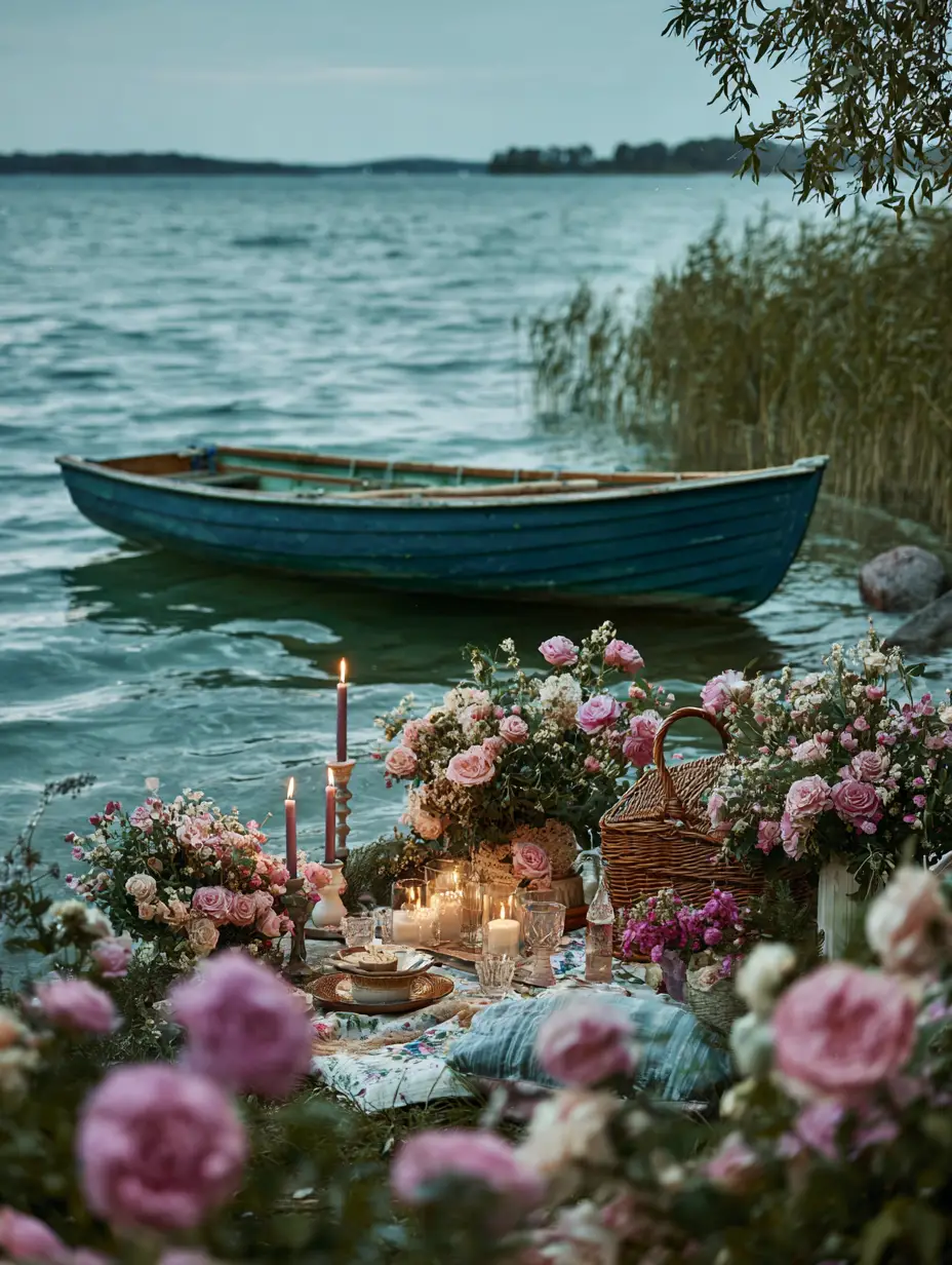 Dreamy lakeside picnic with flowers candles and boat