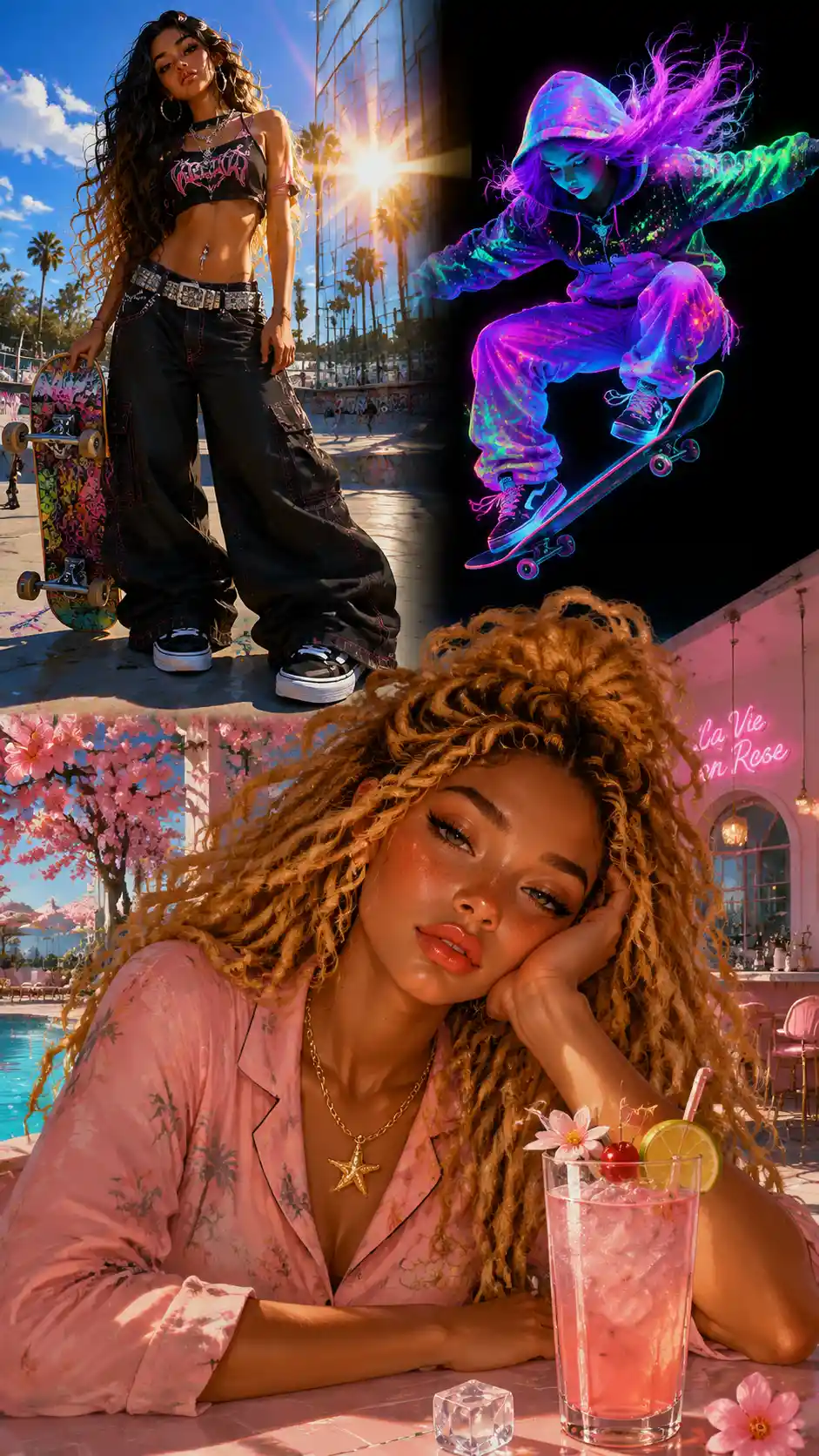 Stylish skater woman at a sunlit summer skate park