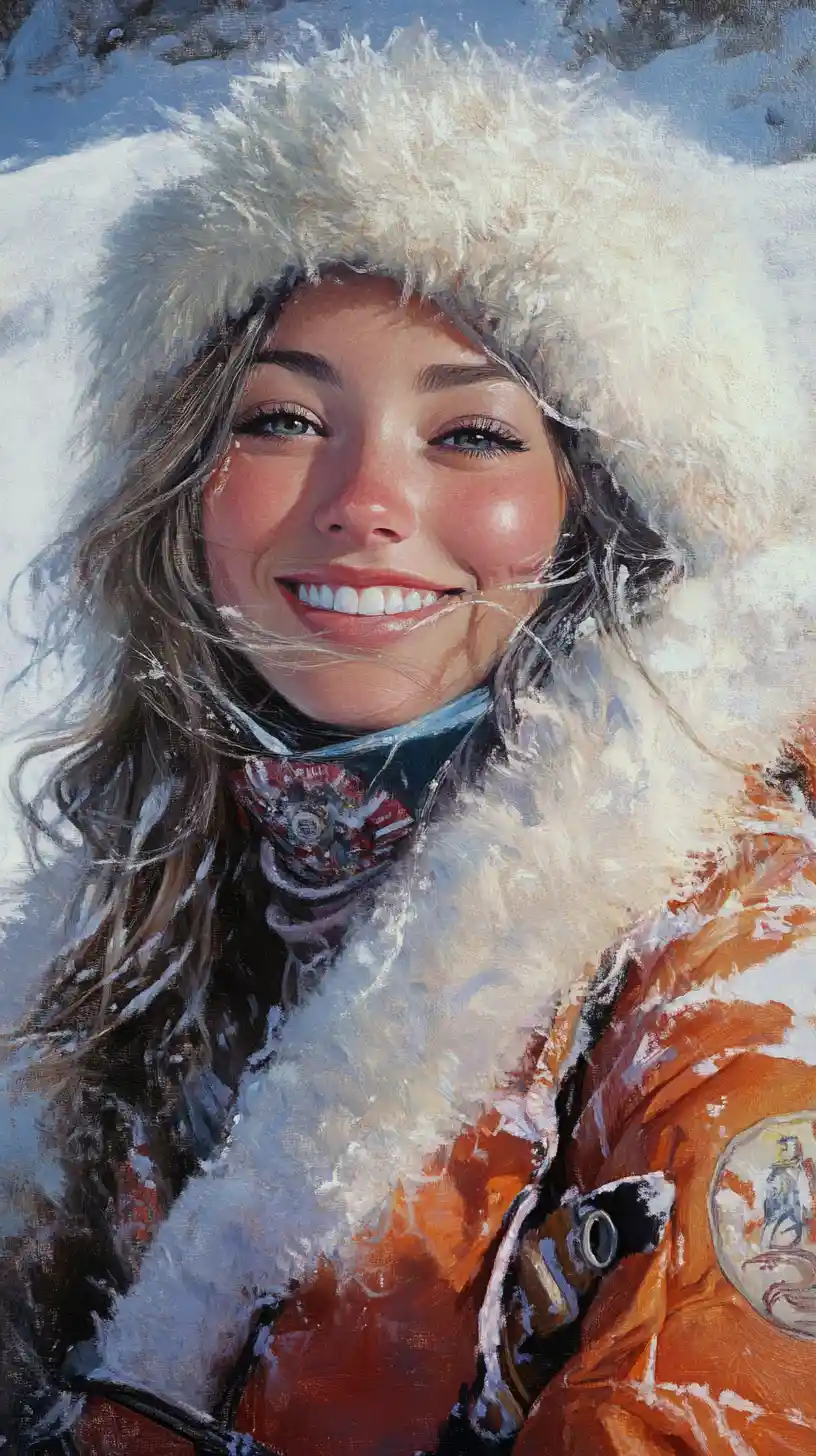 Smiling fantasy woman at a lively apres ski mountain party
