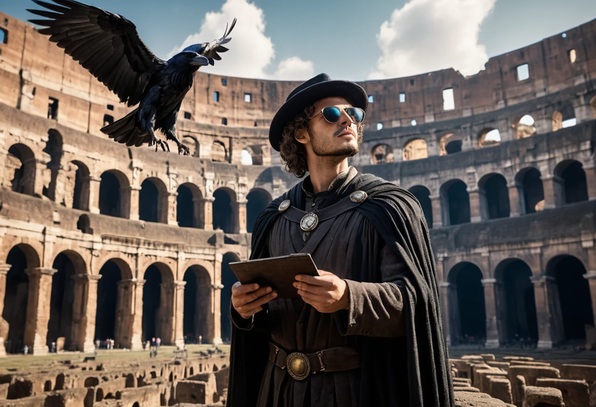 Stylish man whispering to a raven inside ancient colosseum