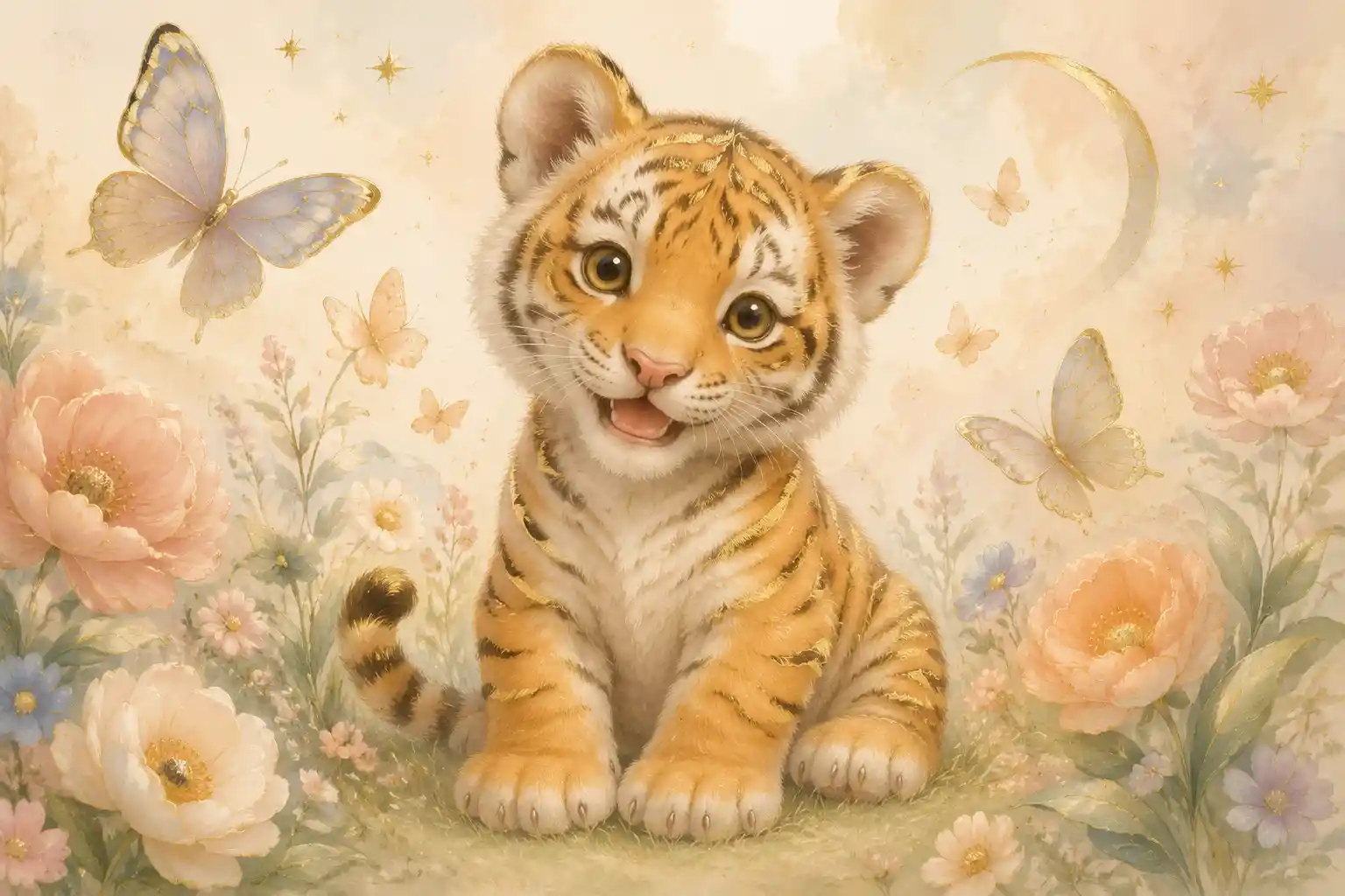 Cute tiger cub with butterflies in soft nursery illustration