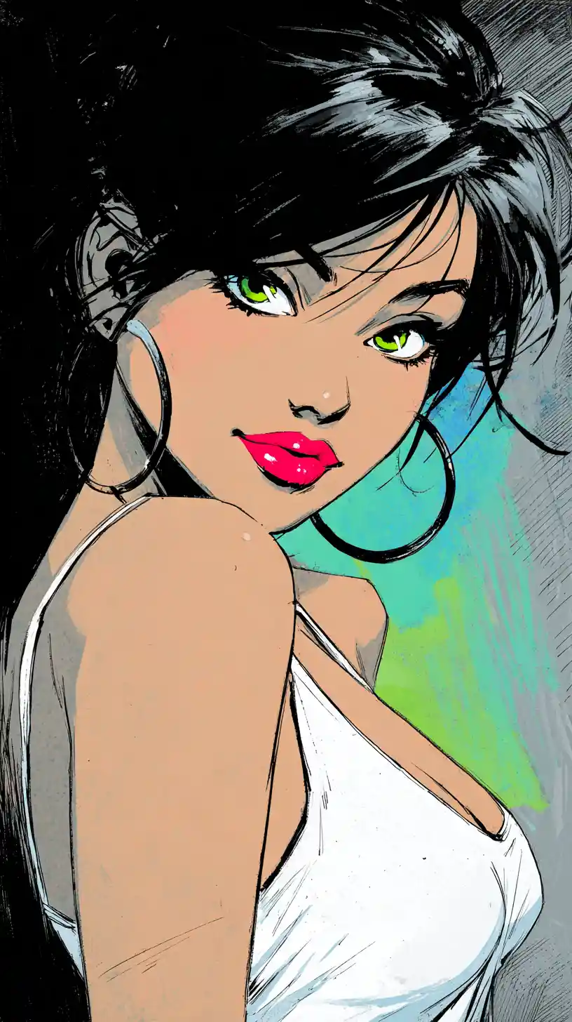 Flirtatious comic girl with green eyes and red lips