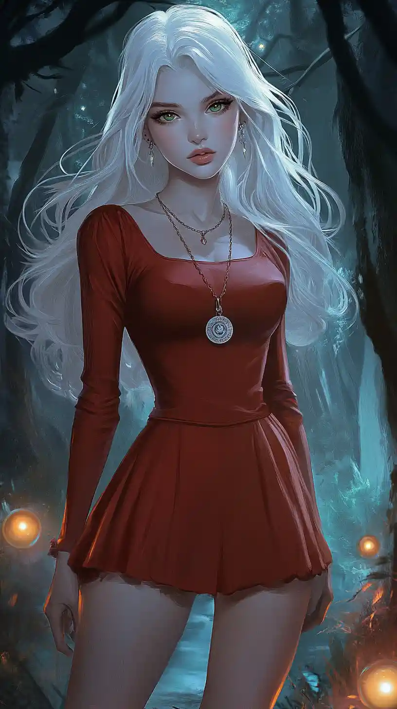 Curvy white haired girl in red dress in mystical forest