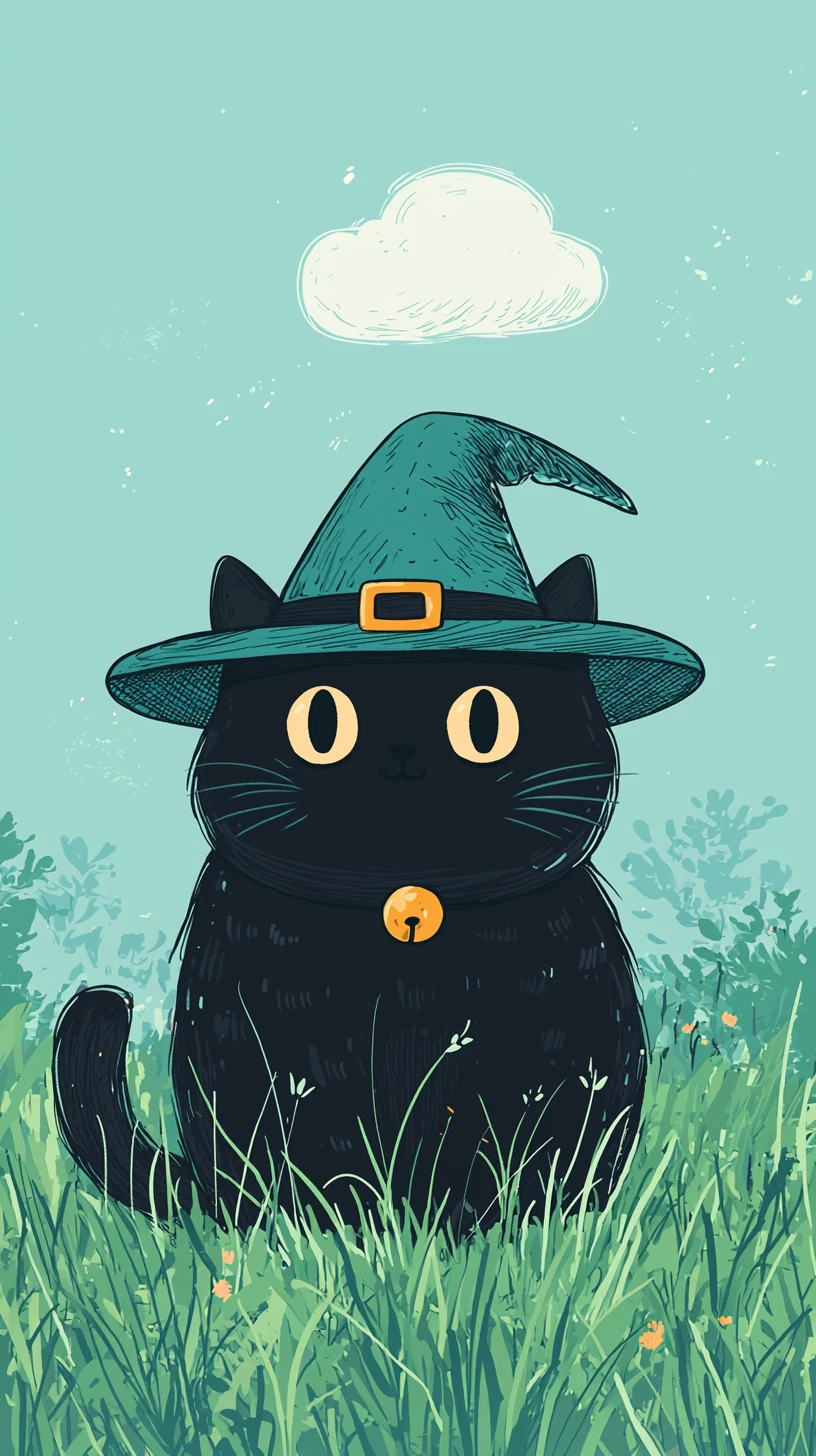 Minimalist black cat in grass with tiny witch hat