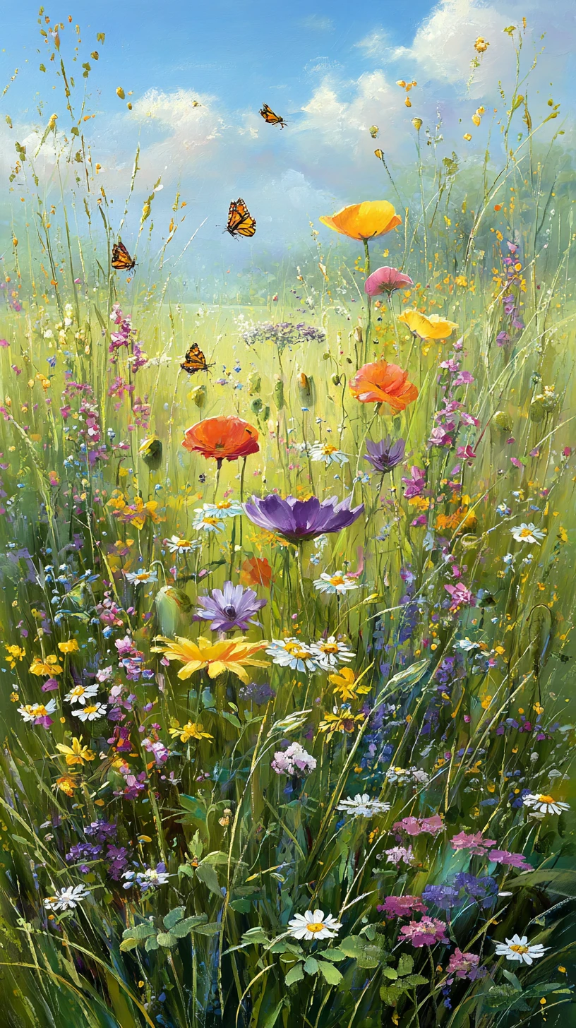 Sunlit spring meadow filled with swaying wildflowers and insects