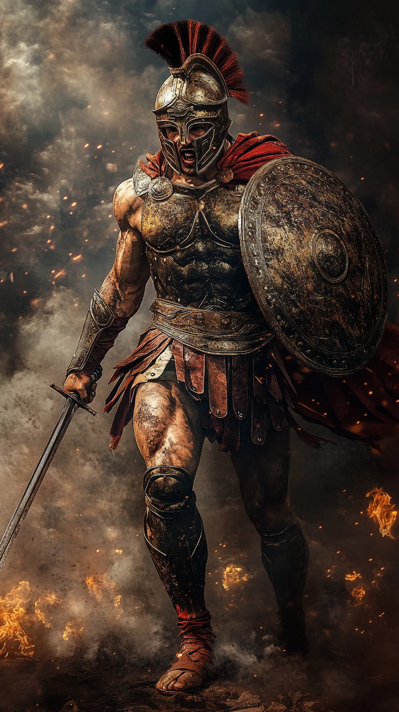 Spartan warrior poised for battle in smoky golden light