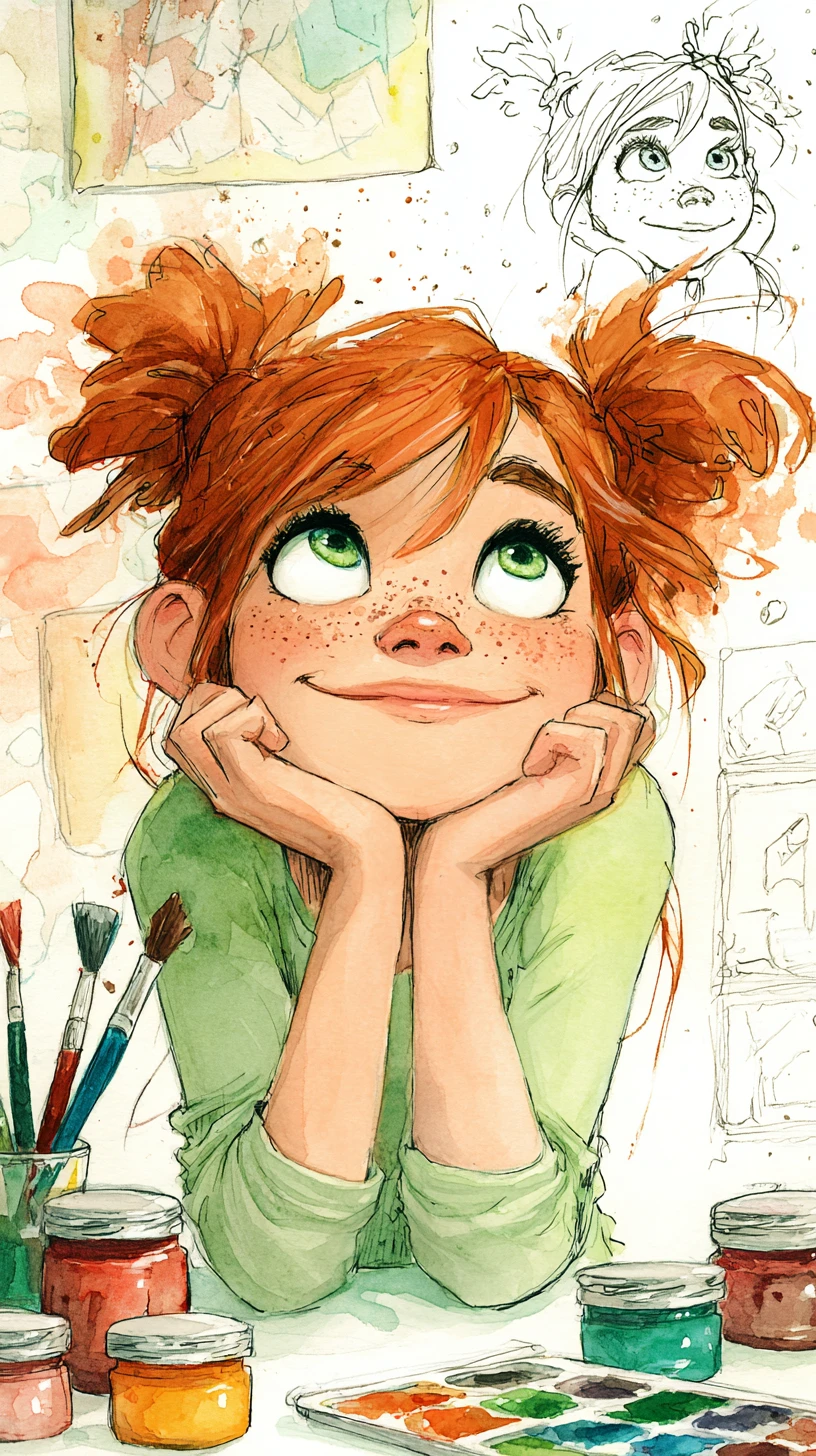 Dreamy freckled girl painting at a colorful art table