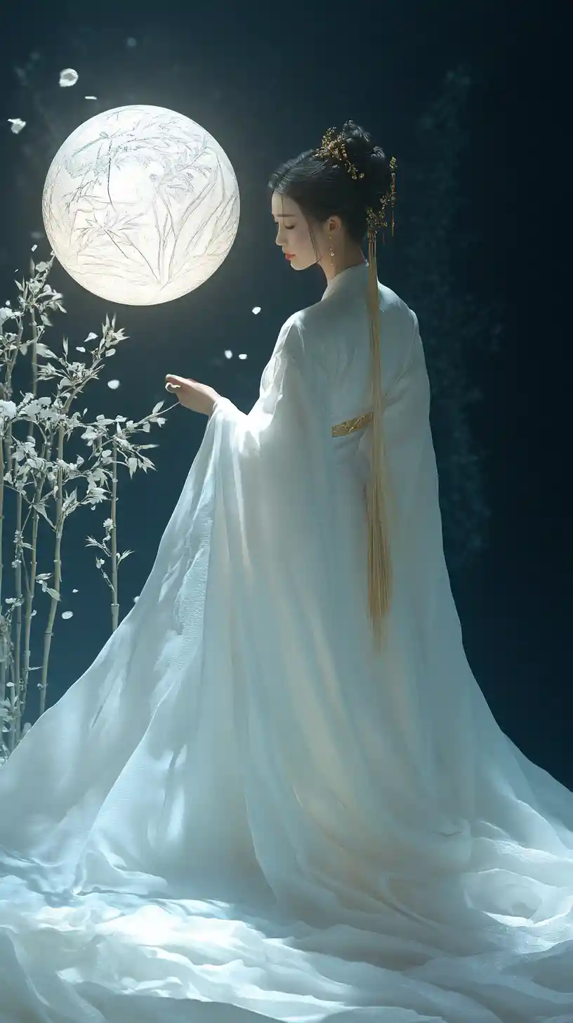 Donna eterea in hanfu bianco accanto a un globo luminoso
