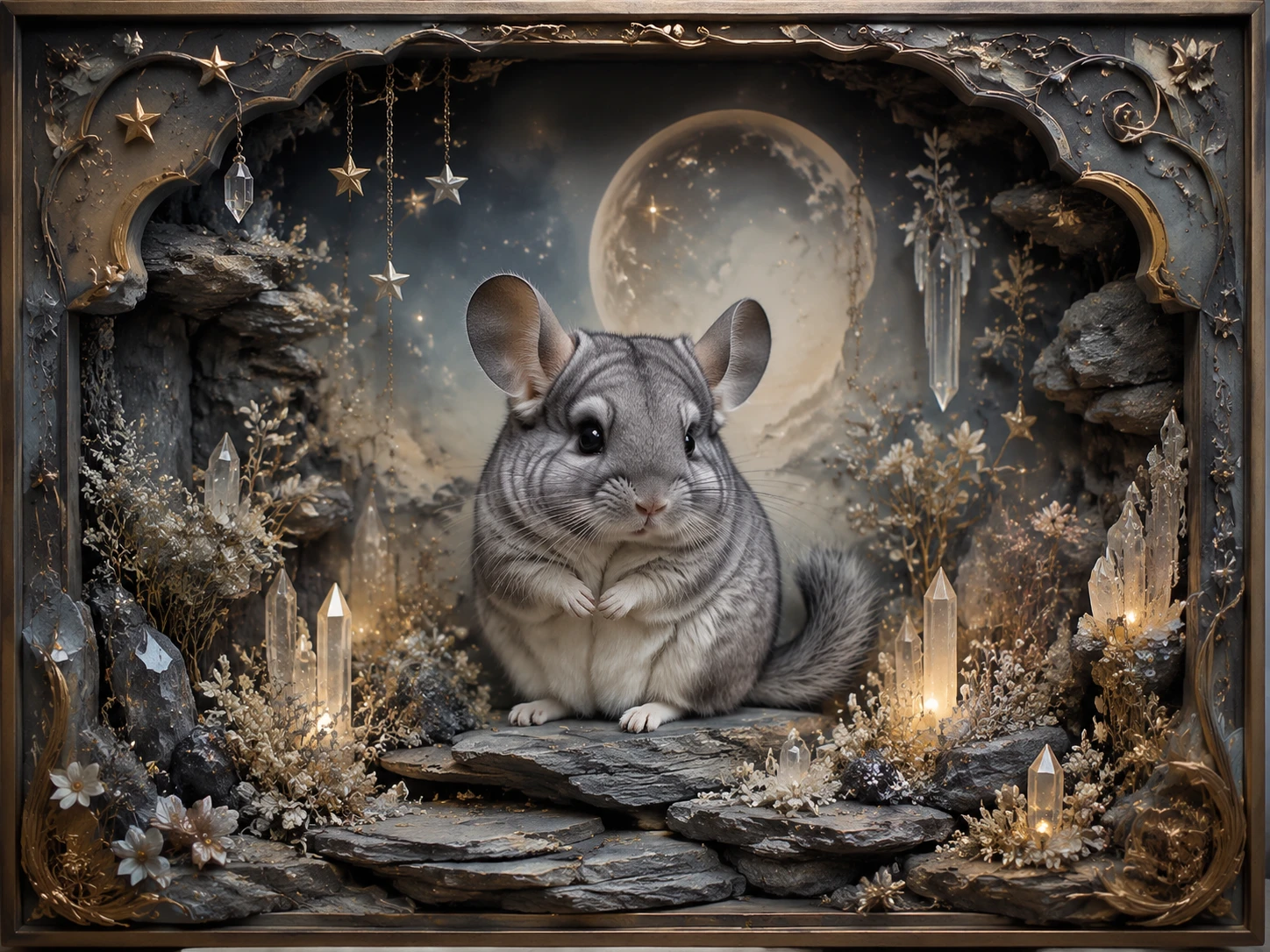 Adorable Baby Chinchilla In A Glowing Miniature Rocky Shadowbox