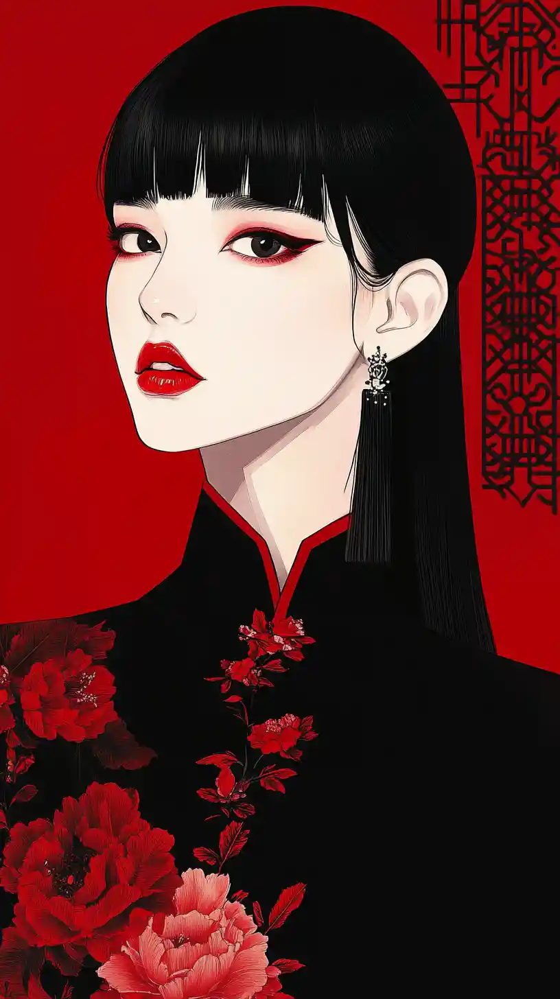 Manga portrait of elegant woman in black floral cheongsam