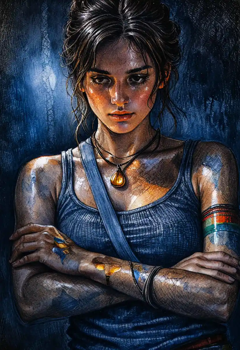 Pensive woman lit by glowing amber pendant in darkness