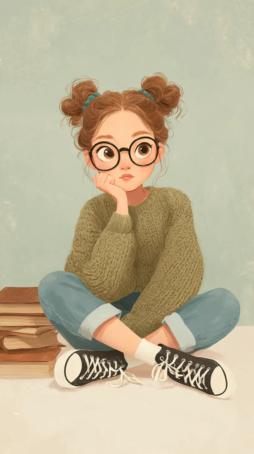 Thoughtful girl in glasses sitting on the floor