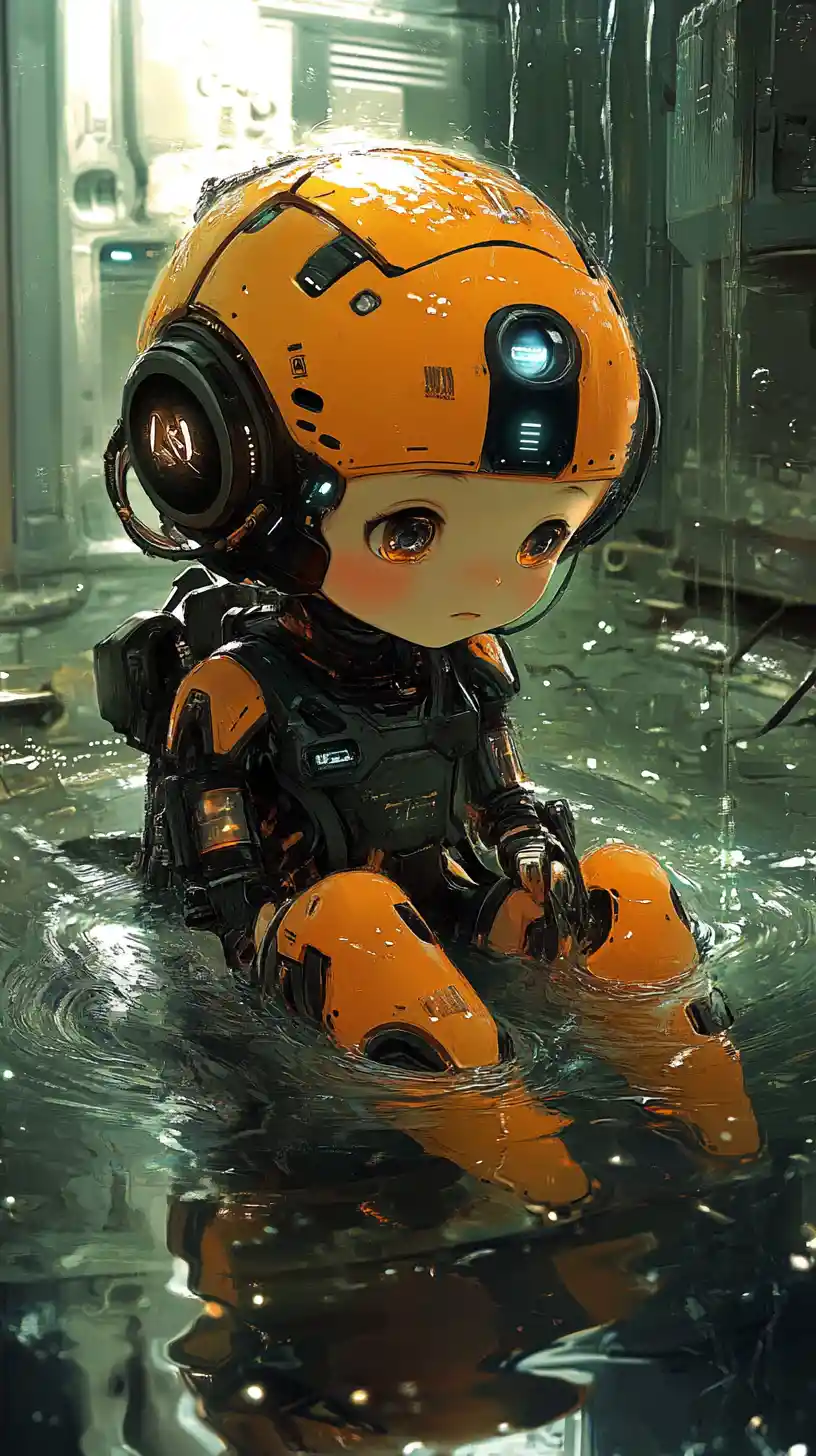 Futuristic chibi turtle with cybernetic details in water