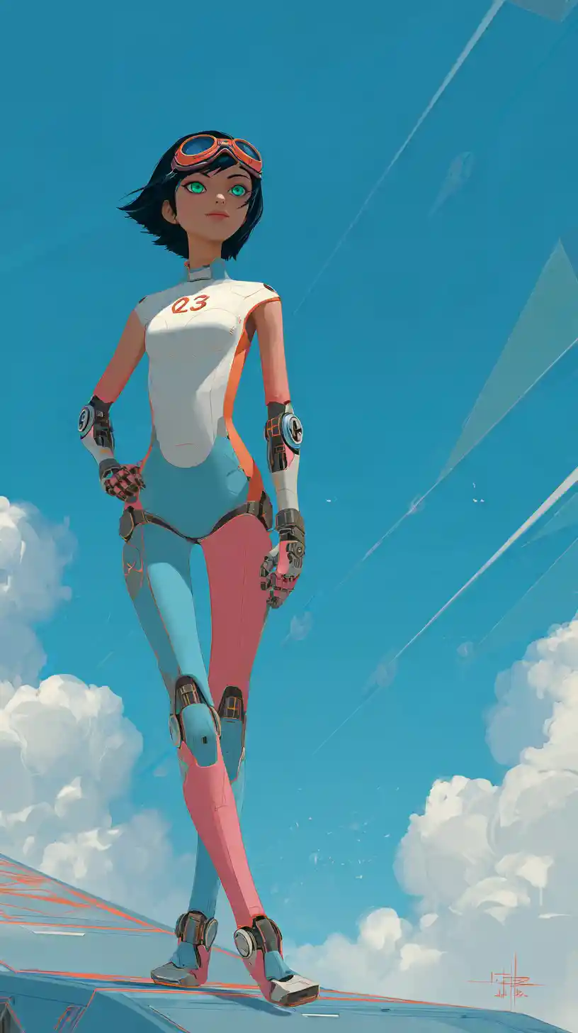 Cyborg woman on floating platform above cerulean sky