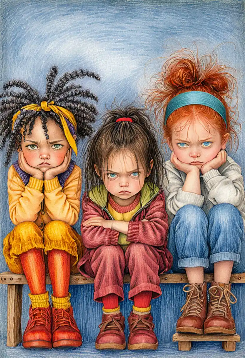 Three grumpy little girls on a wooden bench illustration