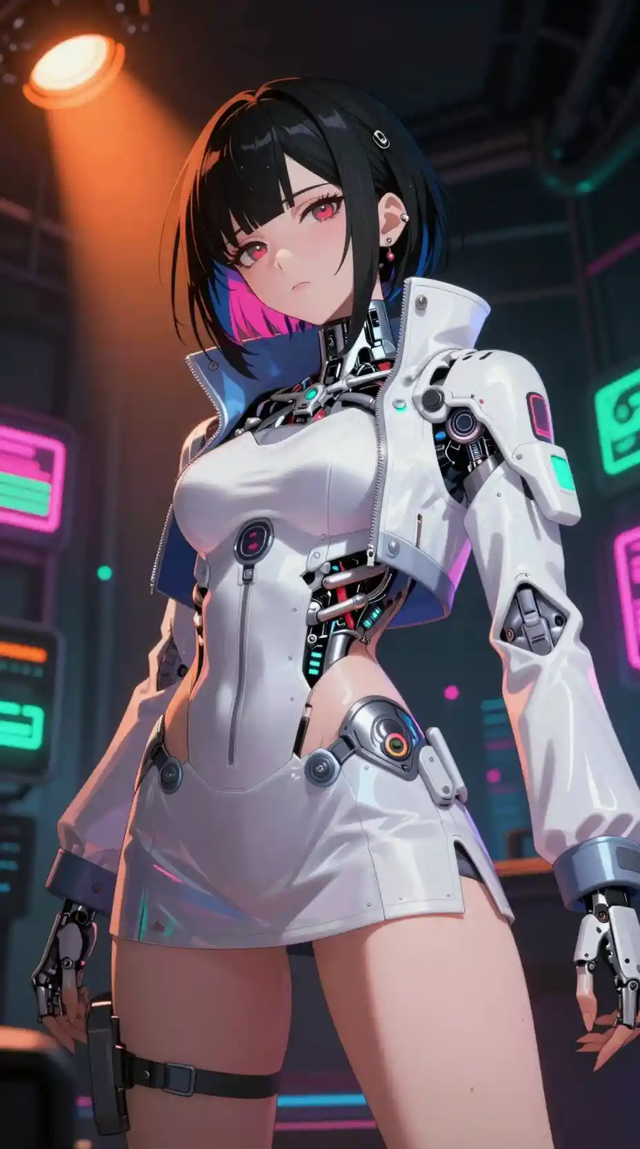 Cyberpunk anime woman posing in neon asylum corridor