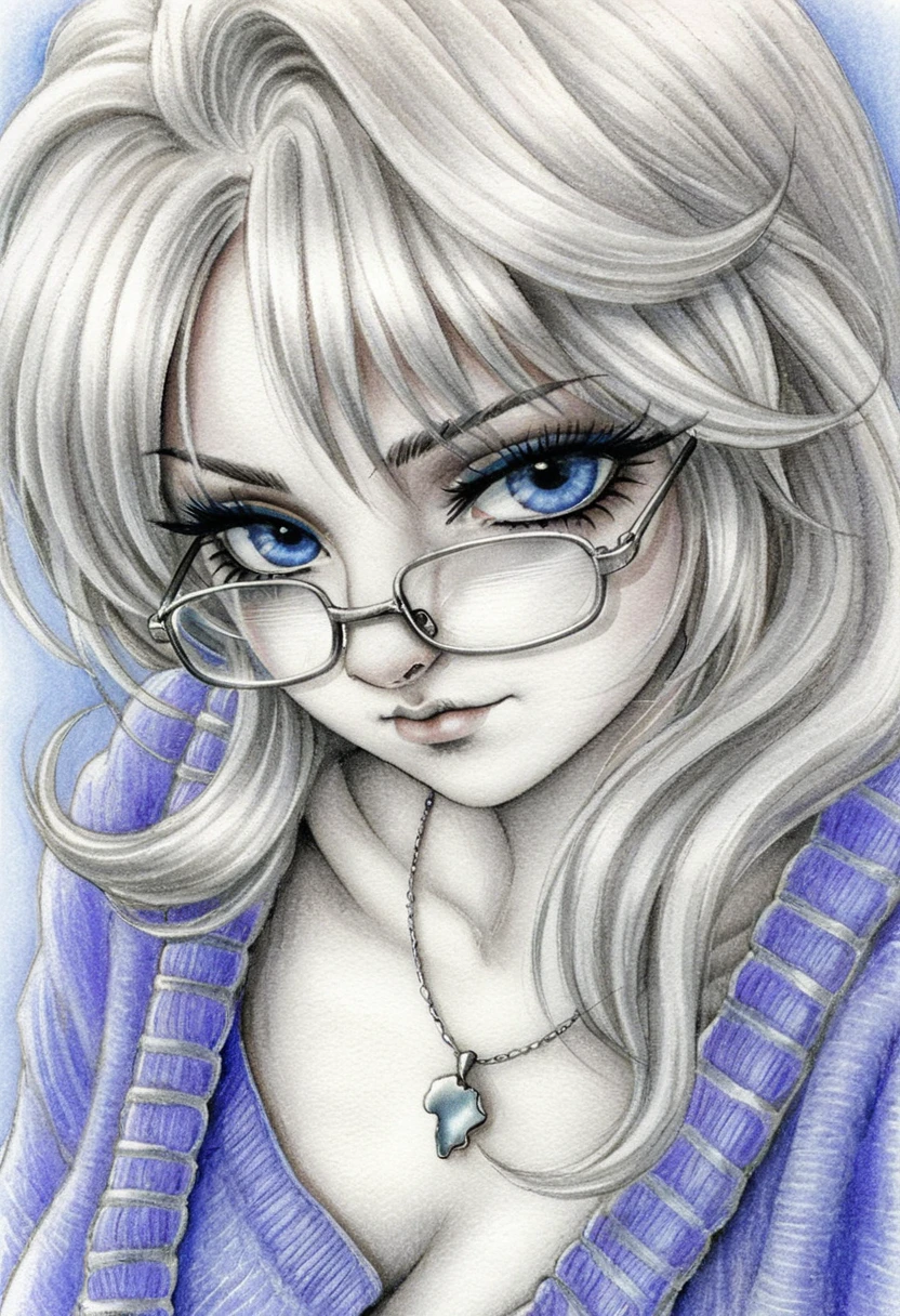 Woman with silver hair and glasses in pencil portrait