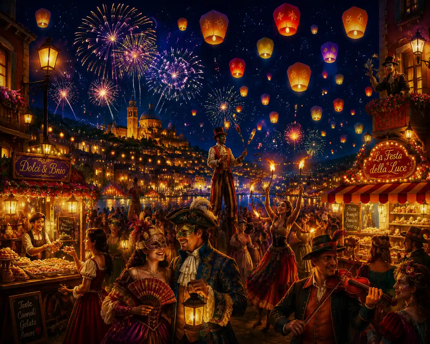 Vibrant night festival crowd under lanterns and fireworks