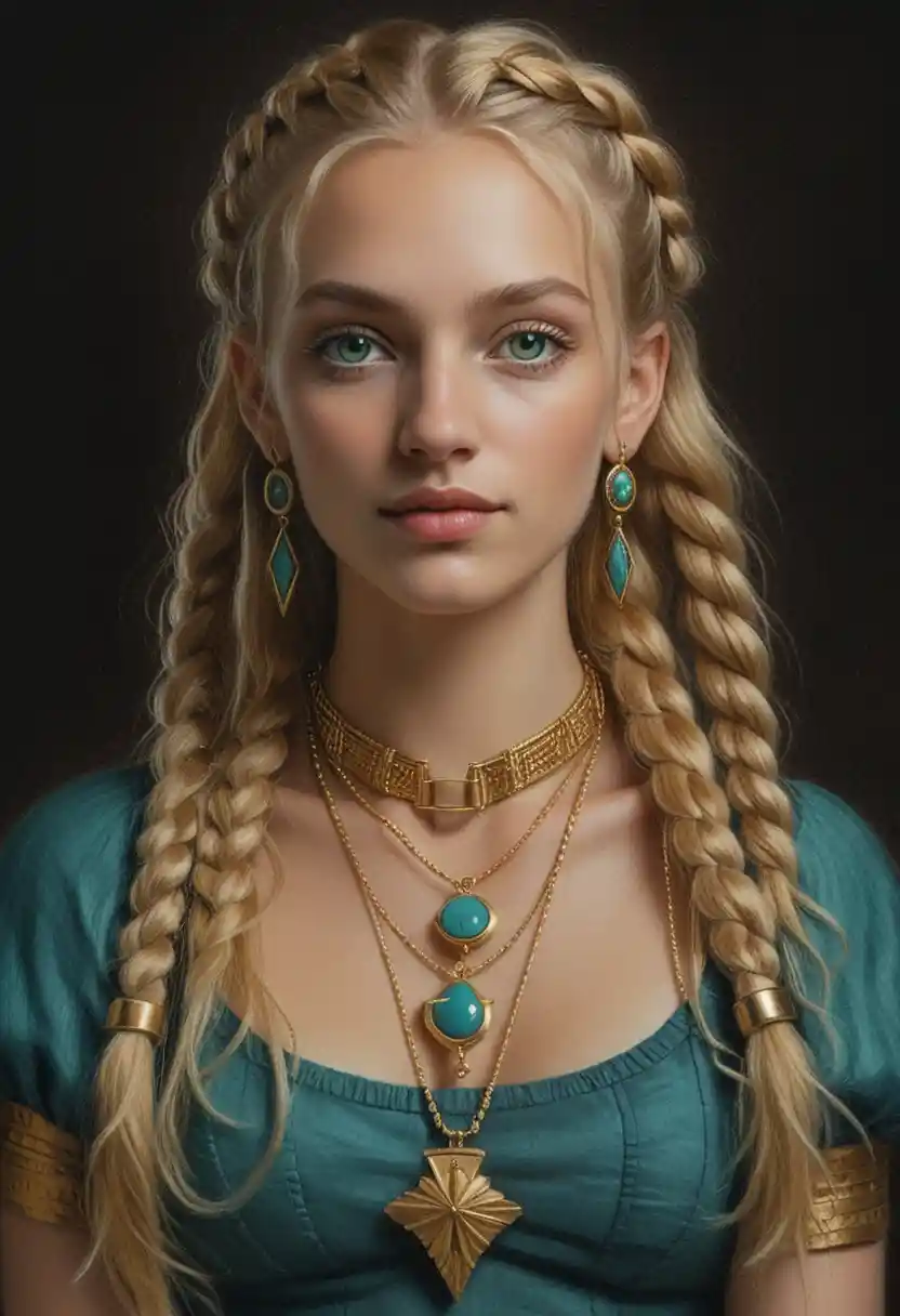 Young woman portrait with braids in warm chiaroscuro style
