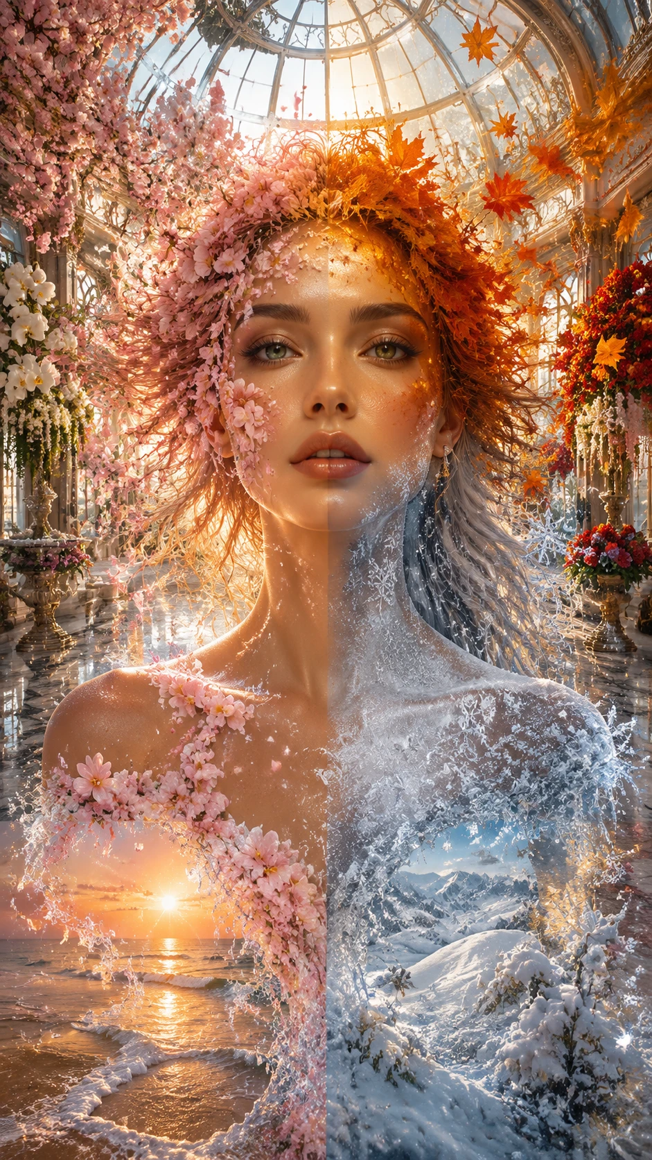 Cinematic portrait of a woman as the four changing seasons