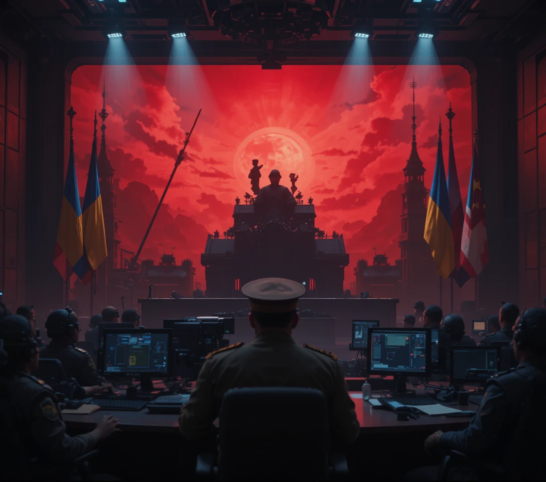 Chinese And Ukrainian Flags In A Dramatic War Room Scene
