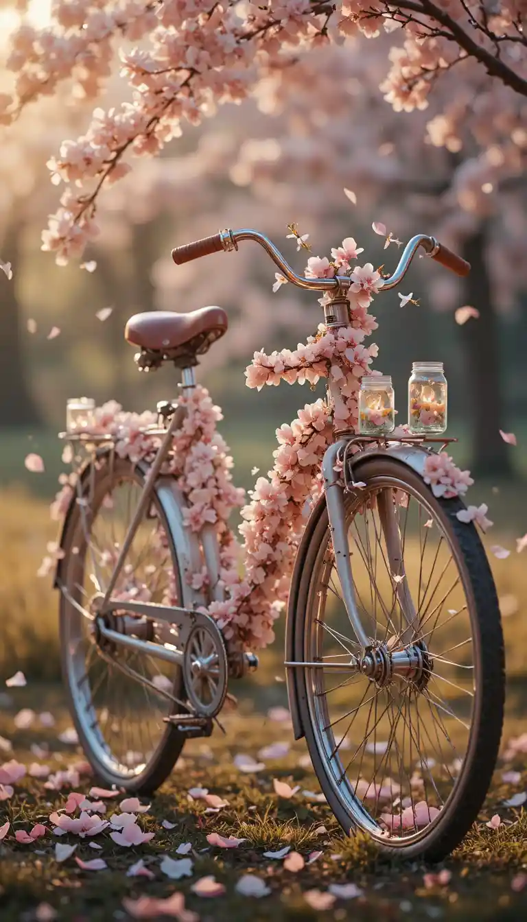 Vintage bicycle covered in cherry blossoms and fireflies