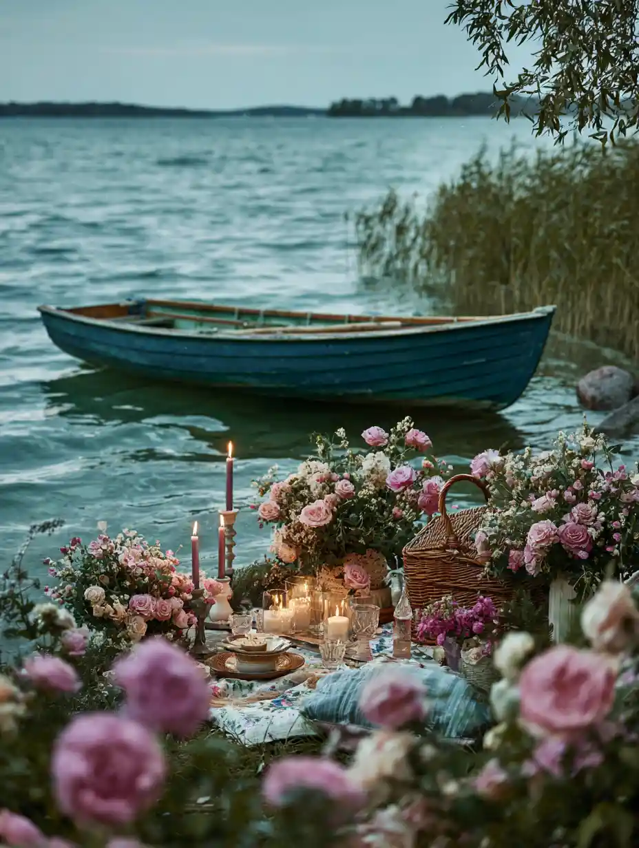 Dreamy lakeside picnic with flowers candles and boat