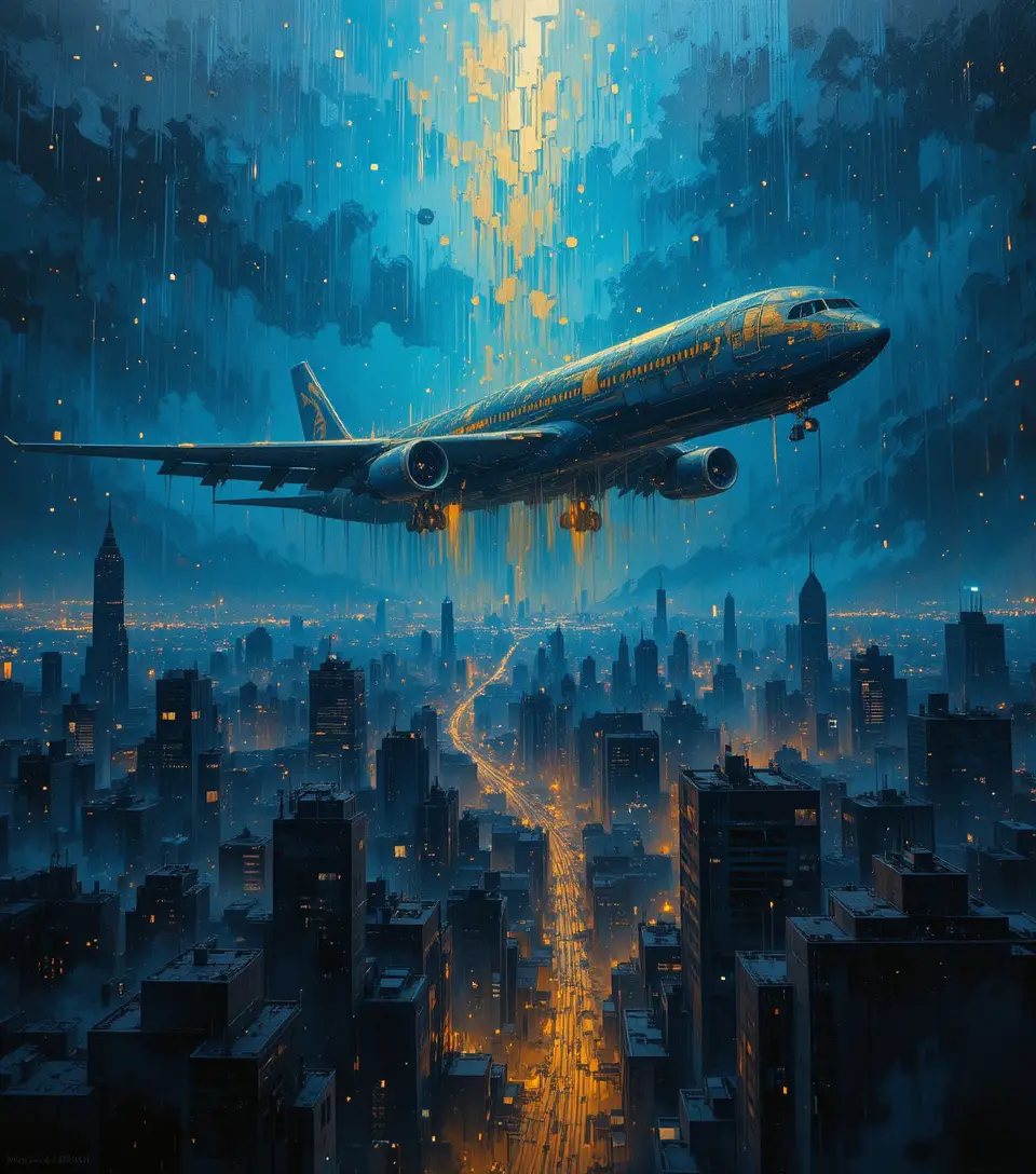 Surreal post impressionist airport above a drowned cityscape