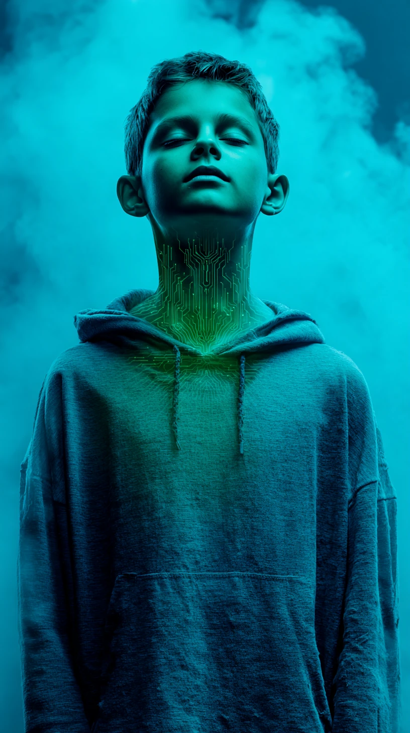 Surreal sci fi portrait of glowing humanoid in indigo fog