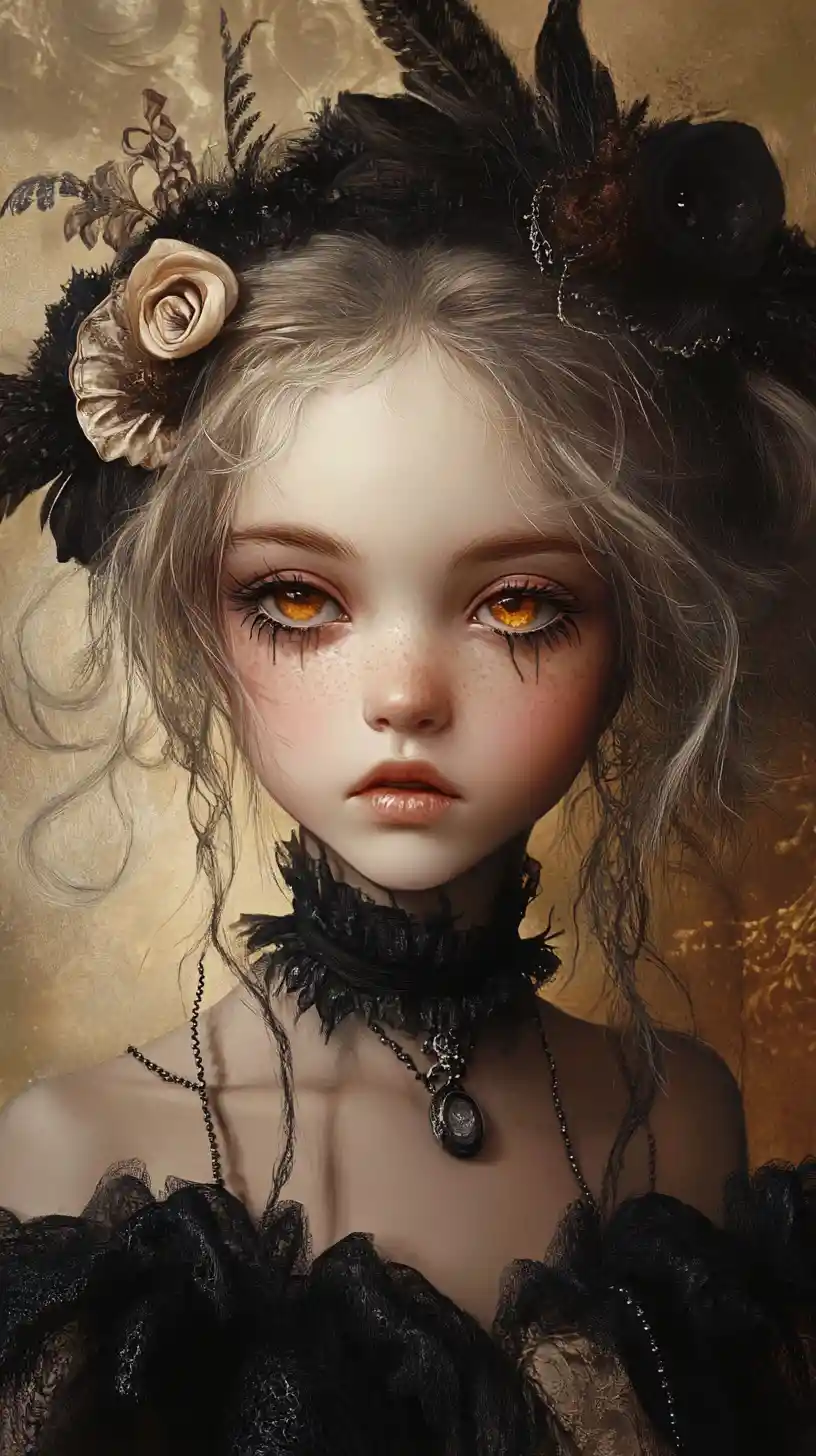 Gothic doll like girl with stitched lips and amber eyes