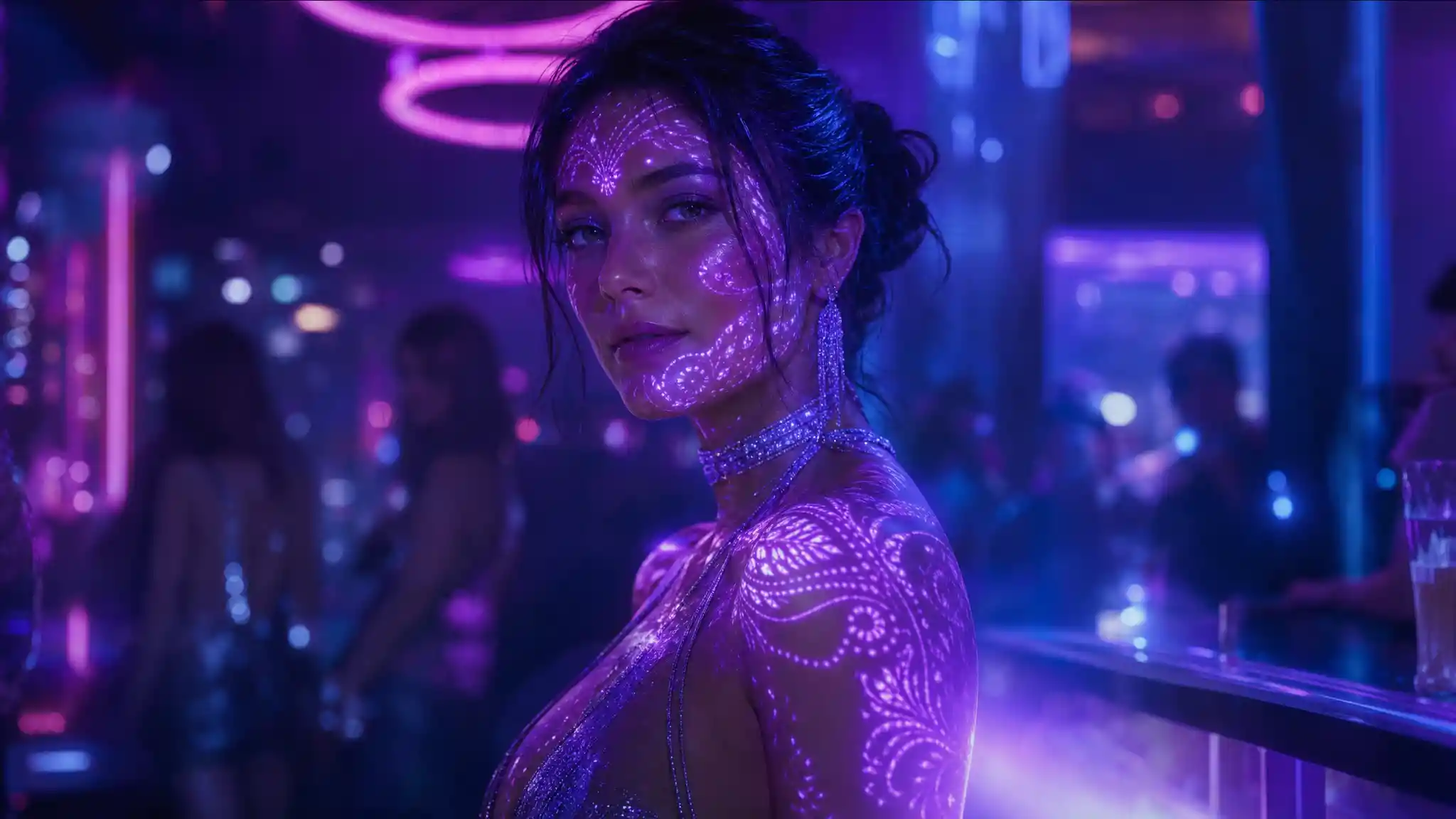 Elegant woman glowing in neon nightclub ambience