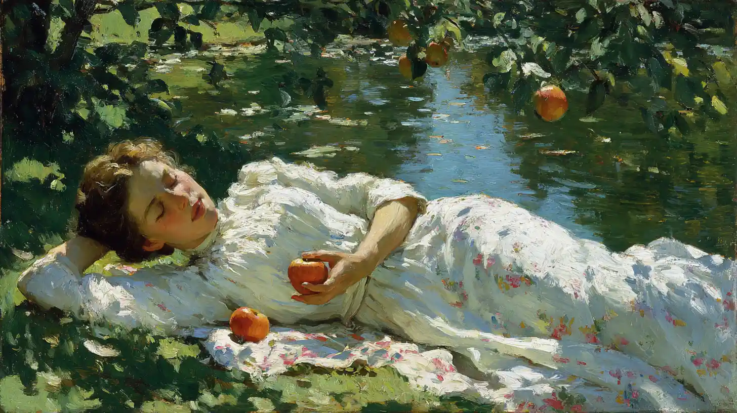 Young woman resting on a riverside picnic blanket