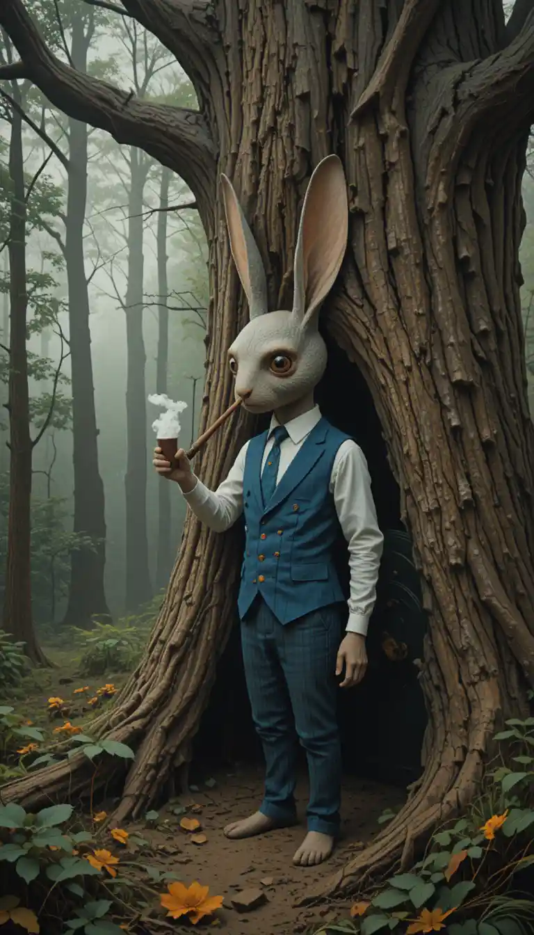 Humanoid rabbit with pipe by a green door in forest