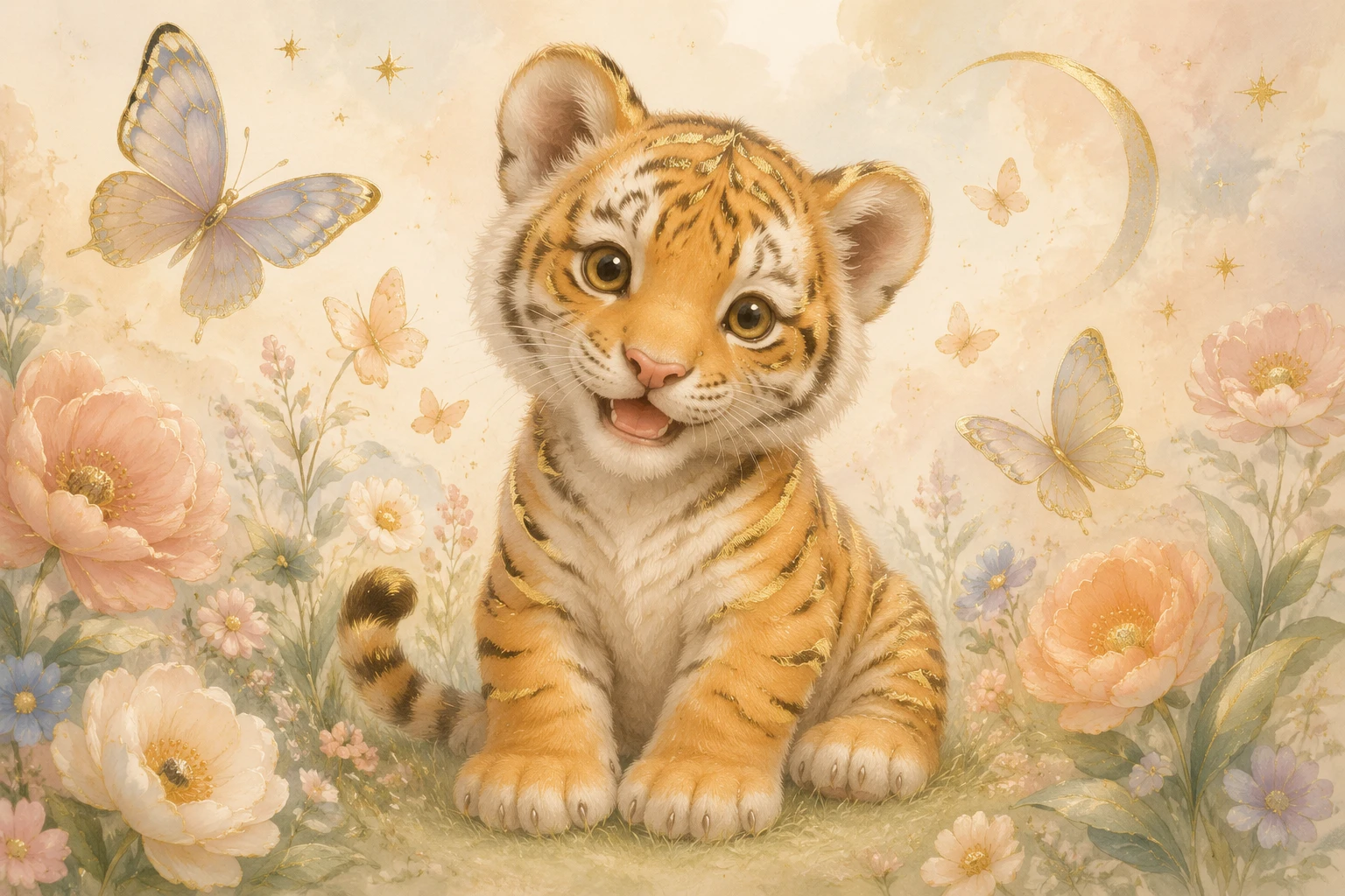 Cute tiger cub with butterflies in soft nursery illustration