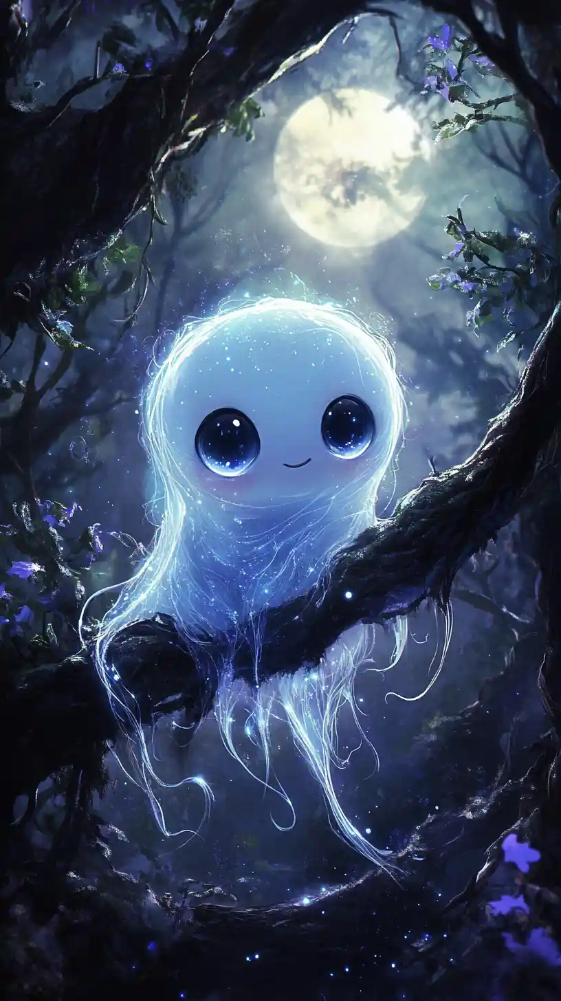 Glowing Chibi Spirit On A Branch In Enchanted Forest