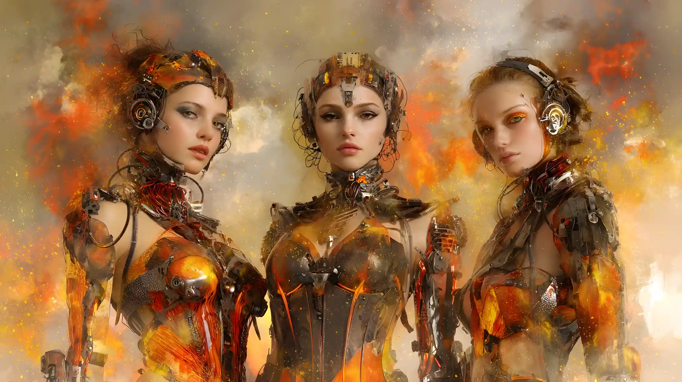 Three cyberpunk women standing in an infernal cityscape