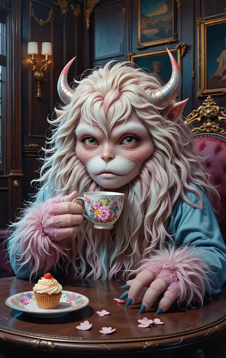 Pastel fantasy creature sipping tea in a vintage room