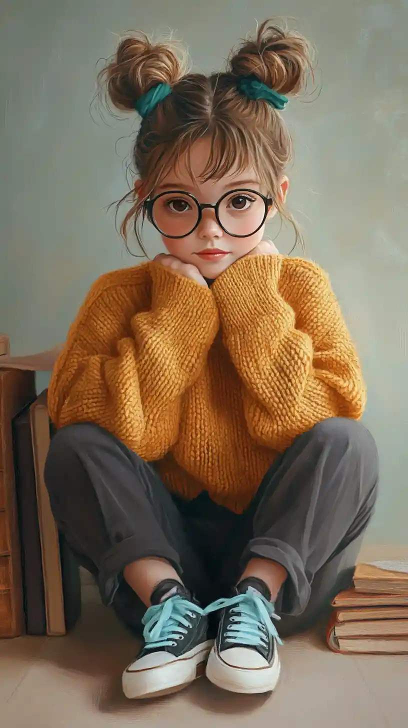 Thoughtful girl in glasses sitting cross legged indoors
