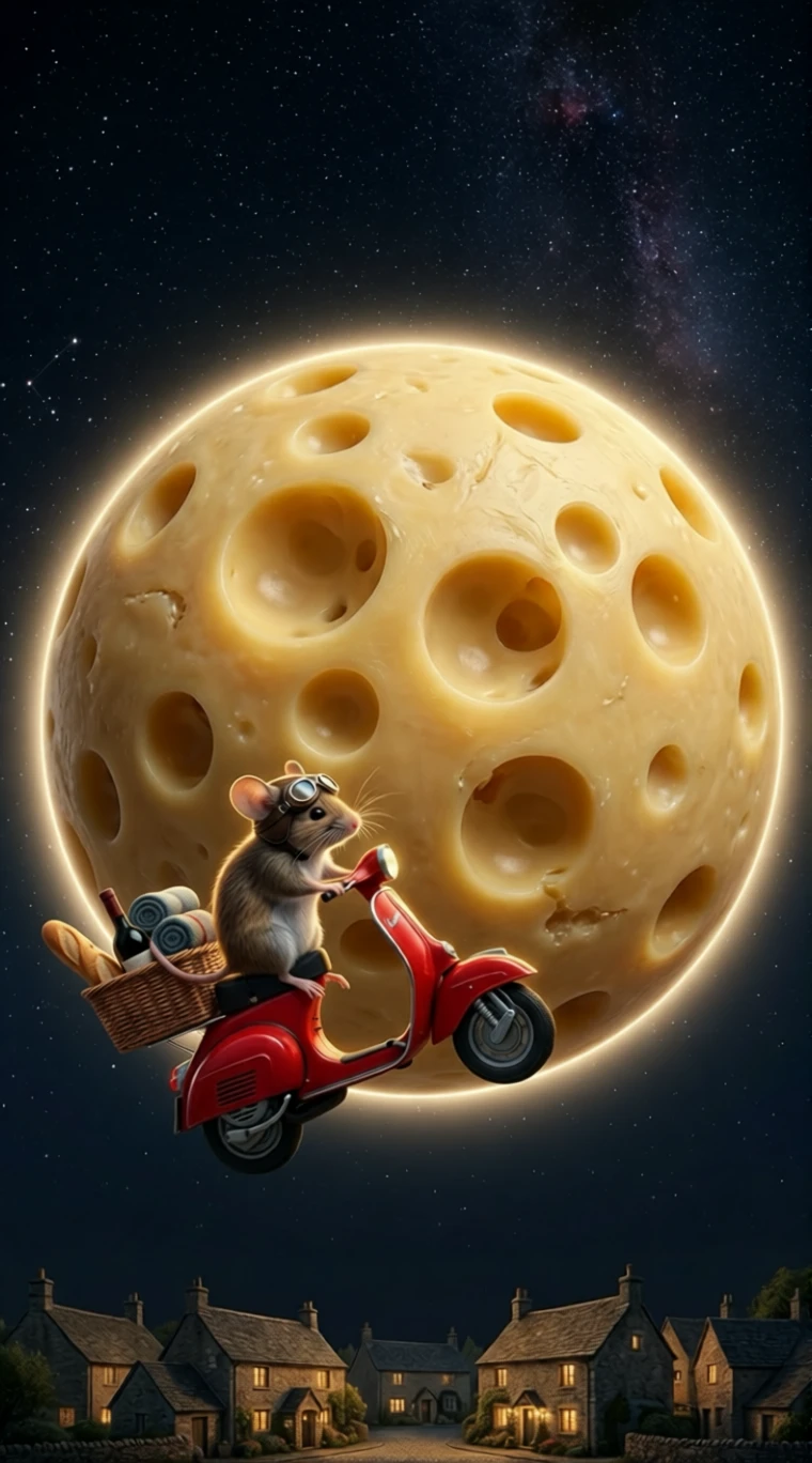 Tiny mouse on red scooter flying toward a giant cheese moon